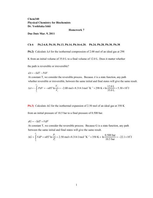 HW#7 & Key (2011) – Physical Chemistry for Biochemists 1