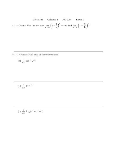 Math 222 – Practice Exam 1 w Solutions 2011 – Calculus 2