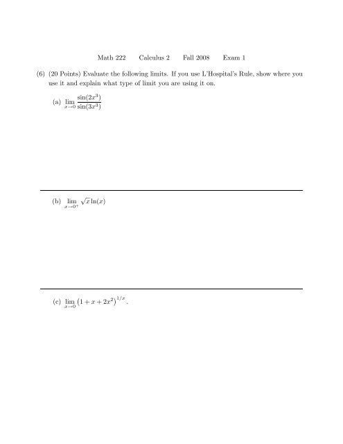 Math 222 – Practice Exam 1 w Solutions 2011 – Calculus 2