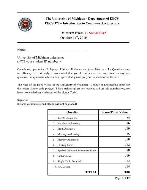 EECS 370 – Introduction to Computer Organization – Exam 1 w