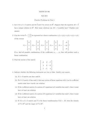 MATH 310-001 – Practice Test 1 (2011) – Linear Algebra