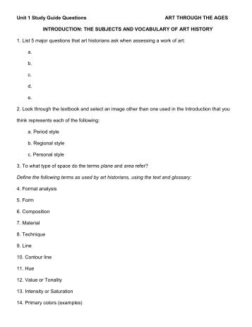 Unit 1 Study Guide Questions ART THROUGH THE ... - Animo Art
