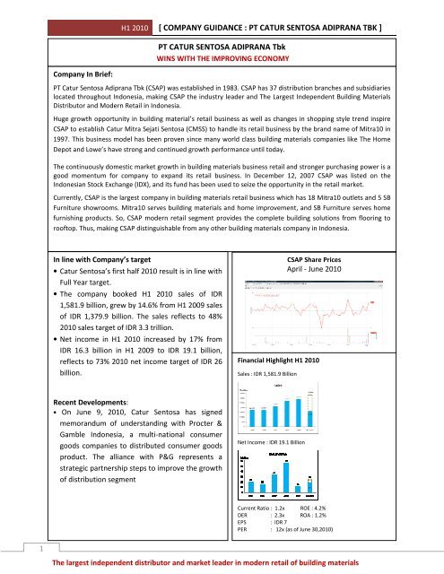 COMPANY GUIDANCE : PT CATUR SENTOSA ADIPRANA TBK