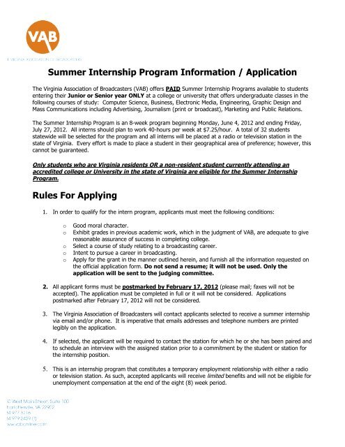 Summer Internship Program Information / Application Rules For Applying