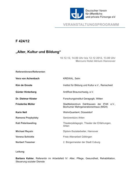 VERANSTALTUNGSPROGRAMM F 424/12 „Alter, Kultur und Bildung“