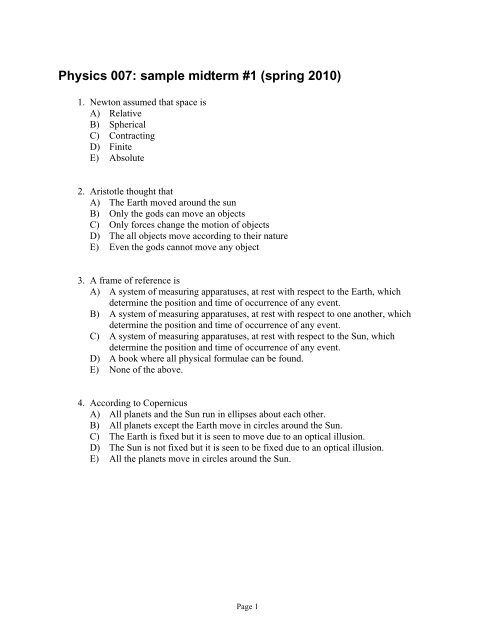 Physics 007 sample midterm #1 (spring 2010)