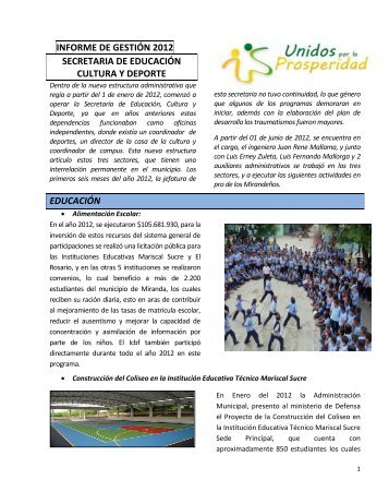 INFORME DE GESTIÓN 2012 SECRETARIA DE EDUCACIÓN CULTURA Y DEPORTE EDUCACIÓN