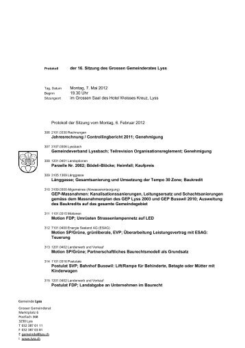 der 16. Sitzung des Grossen Gemeinderates Lyss ... - Gemeinde Lyss