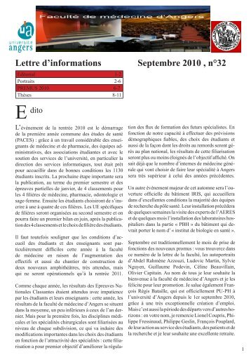 Lettre d'informations Septembre 2010 , n°32 - Faculté de Médecine