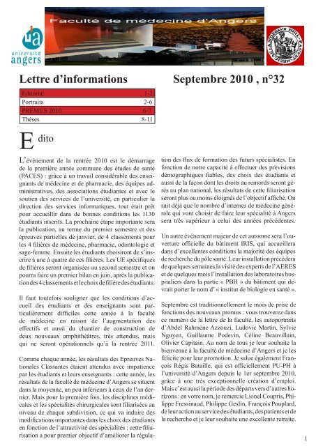 Lettre d'informations Septembre 2010 , n°32 - Faculté de Médecine