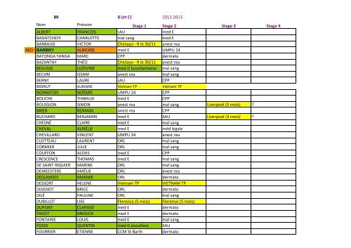 Parcours de stage (D2) Pôle B-C S1 2012-2013