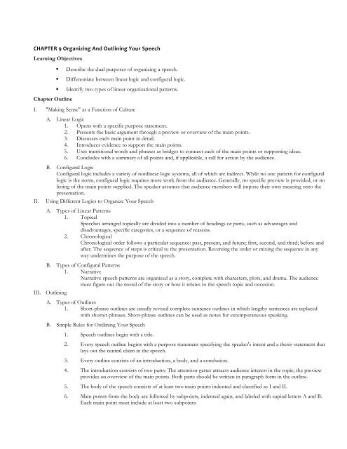 CHAPTER 9 Organizing And Outlining Your Speech Learning ...