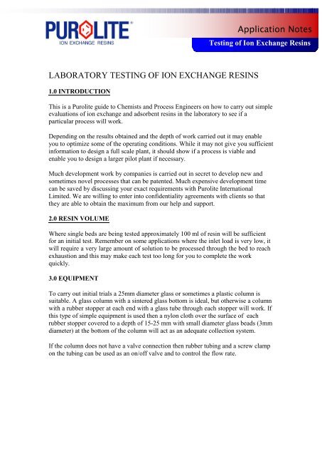 Laboratory Testing Of Ion Exchange Resins Purolite