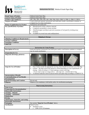 Instructions for Use Medical Grade Paper Bag