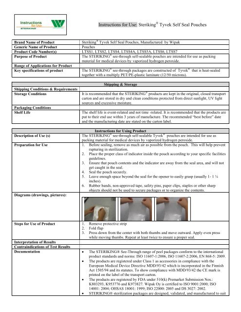 Instructions for Use Steriking Tyvek Self Seal Pouches