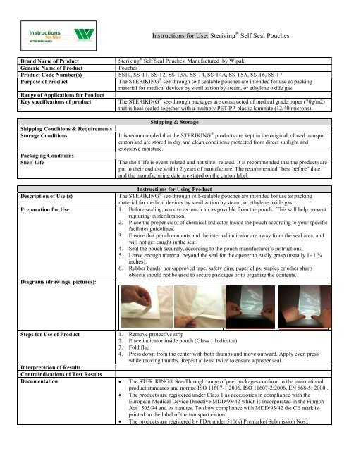 Instructions for Use Steriking Self Seal Pouches