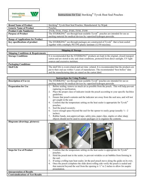 Instructions for Use Steriking Tyvek Heat Seal Pouches