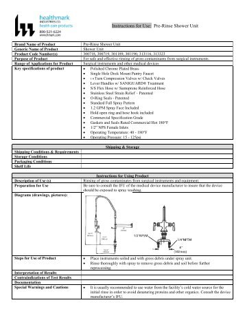 Instructions for Use Pre-Rinse Shower Unit