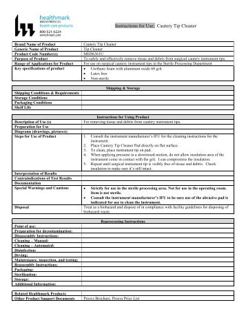 Instructions for Use Cautery Tip Cleaner