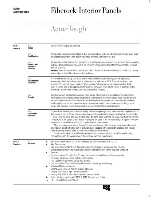 Fiberock Aqua-Tough Interior Panels Guide ... - USG Corporation