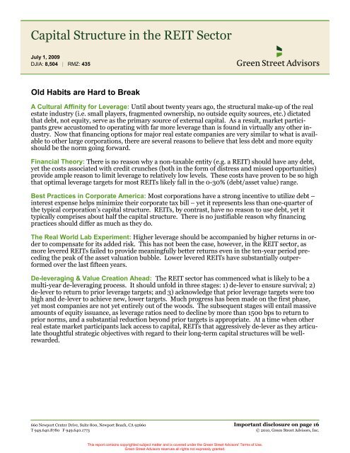Capital Structure in the REIT Sector - Green Street Advisors