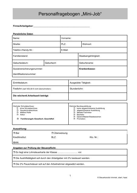 Personalfragebogen „Mini-Job“