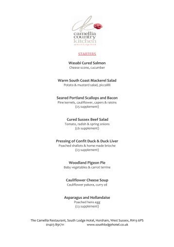 The Camellia Restaurant - A La Carte Menu - South Lodge Hotel