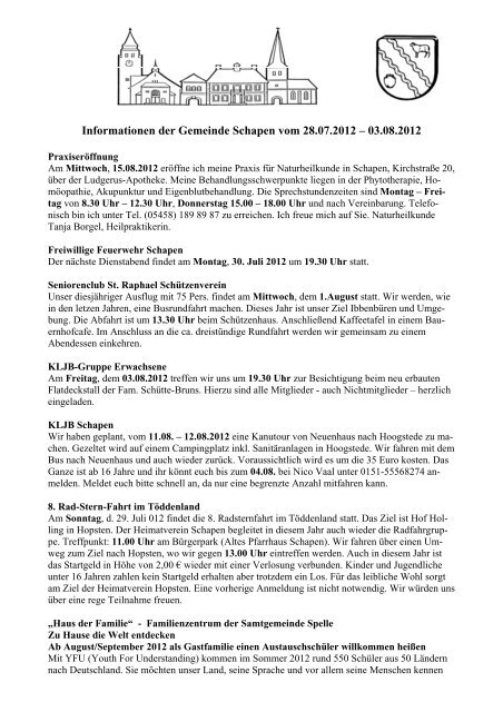 Informationen der Gemeinde Schapen vom 28.07.2012 – 03.08.2012