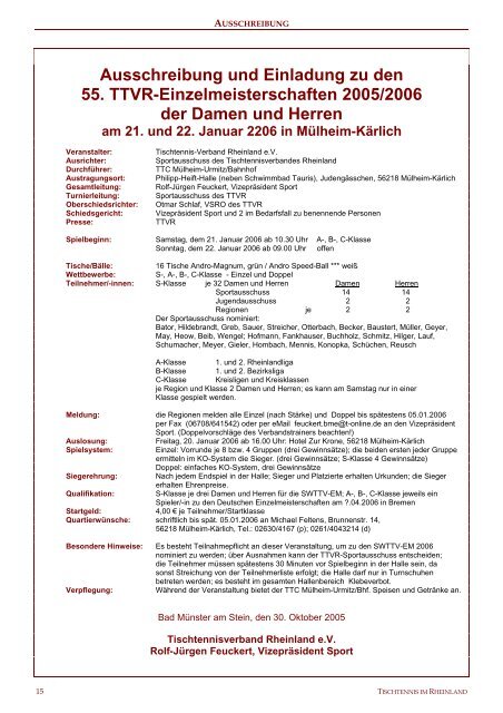 AUSSCHREIBUNGWEIHNACH TSTURNIER 2005 des TTC - TTVR