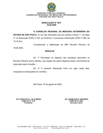 RESOLUÃÃO NÂº 1837 18.08.2009 O CONSELHO ... - CRMV-SP