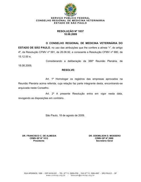 RESOLUÃÃO NÂº 1837 18.08.2009 O CONSELHO ... - CRMV-SP