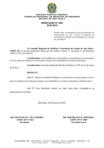 RESOLUÃÃO NÂº 1892 30.03.2010 O Conselho ... - CRMV-SP