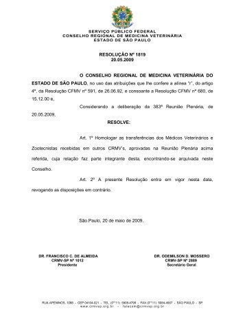 RESOLUÃÃO NÂº 1819 20.05.2009 O CONSELHO ... - CRMV-SP