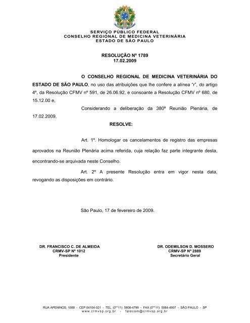 RESOLUÃÃO NÂº 1789 17.02.2009 O CONSELHO ... - CRMV-SP