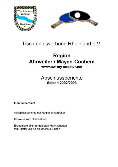 Tischtennisverband Rheinland e.V. Region  Ahrweiler / Mayen - TTVR