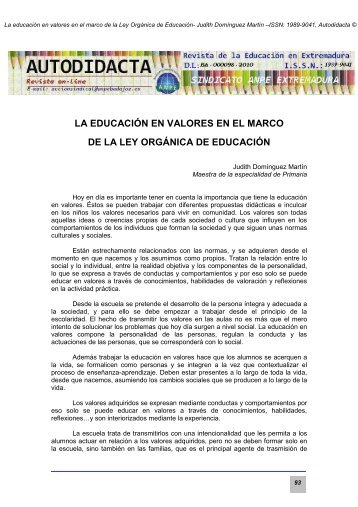 LA EDUCACIÓN EN VALORES EN EL MARCO DE LA LEY ORGÁNICA DE EDUCACIÓN