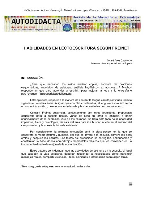 HABILIDADES EN LECTOESCRITURA SEGÚN FREINET