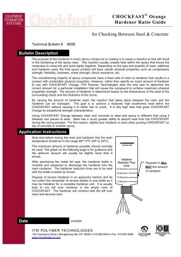 CHOCKFAST Orange Hardener Ratio Guide for Chocking Between Steel & Concrete