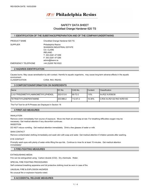 SAFETY DATA SHEET Chockfast Orange Hardener 620 TS