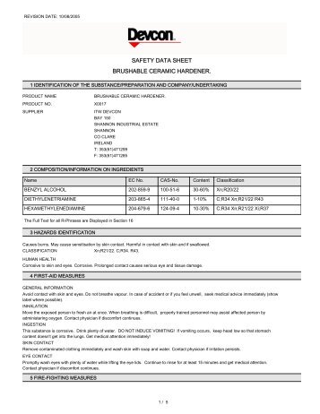 SAFETY DATA SHEET BRUSHABLE CERAMIC HARDENER