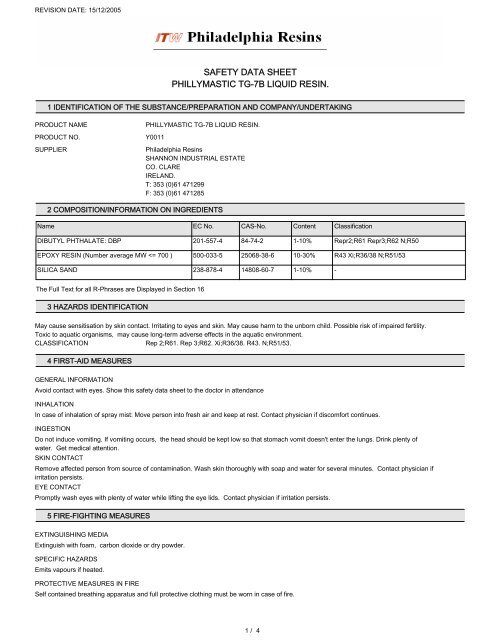 SAFETY DATA SHEET PHILLYMASTIC TG-7B LIQUID RESIN