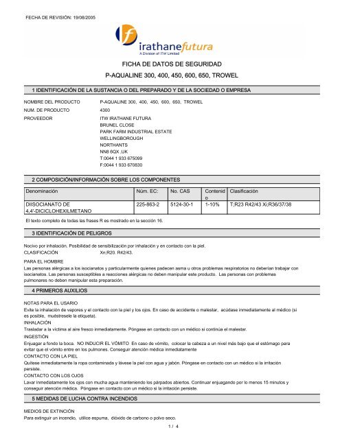 FICHA DE DATOS DE SEGURIDAD P-AQUALINE 300 400 450 600 650 TROWEL