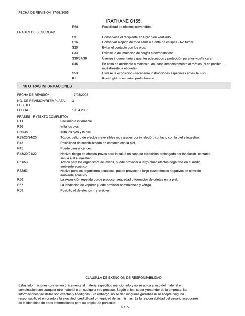 FICHA DE DATOS DE SEGURIDAD IRATHANE C155