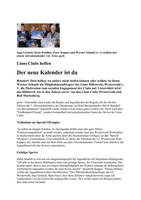 Der neue Kalender ist da - Lions Club Bad Marienberg