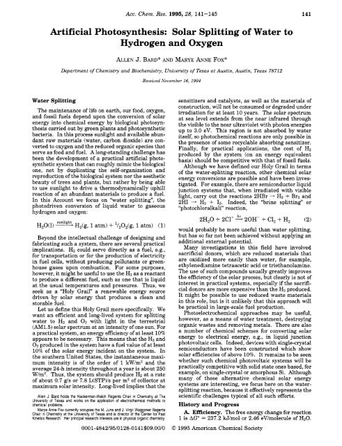 Artificial Photosynthesis: Solar Splitting of Water to ... - Allen J. Bard