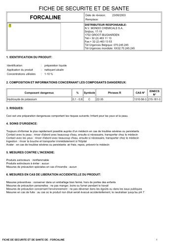 FICHE DE SECURITE ET DE SANTE FORCALINE - MondoChemicals