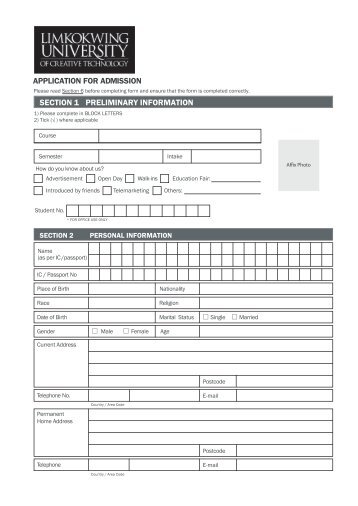 APPLICATION FOR ADMISSION SECTION 1 PRELIMINARY INFORMATION