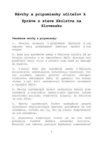 Návrhy a pripomienky učiteľov k Správe o stave školstva na Slovensku