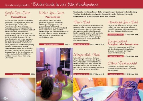 Preise und Arrangements, Kosmetikund Wellnessbehandlungen 2015