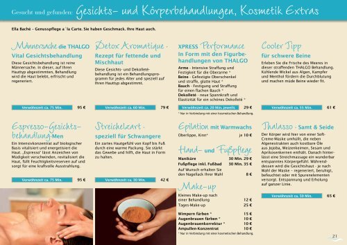 Preise und Arrangements, Kosmetikund Wellnessbehandlungen 2015